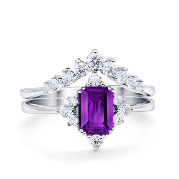 Art Deco Two Piece Wedding Ring Emerald Cut Simulated Amethyst CZ 925 Sterling Silver